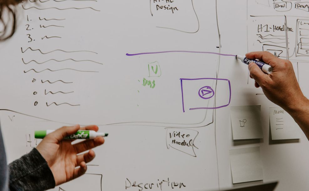 two people writing on a white board pointing to our flagstaff web design process